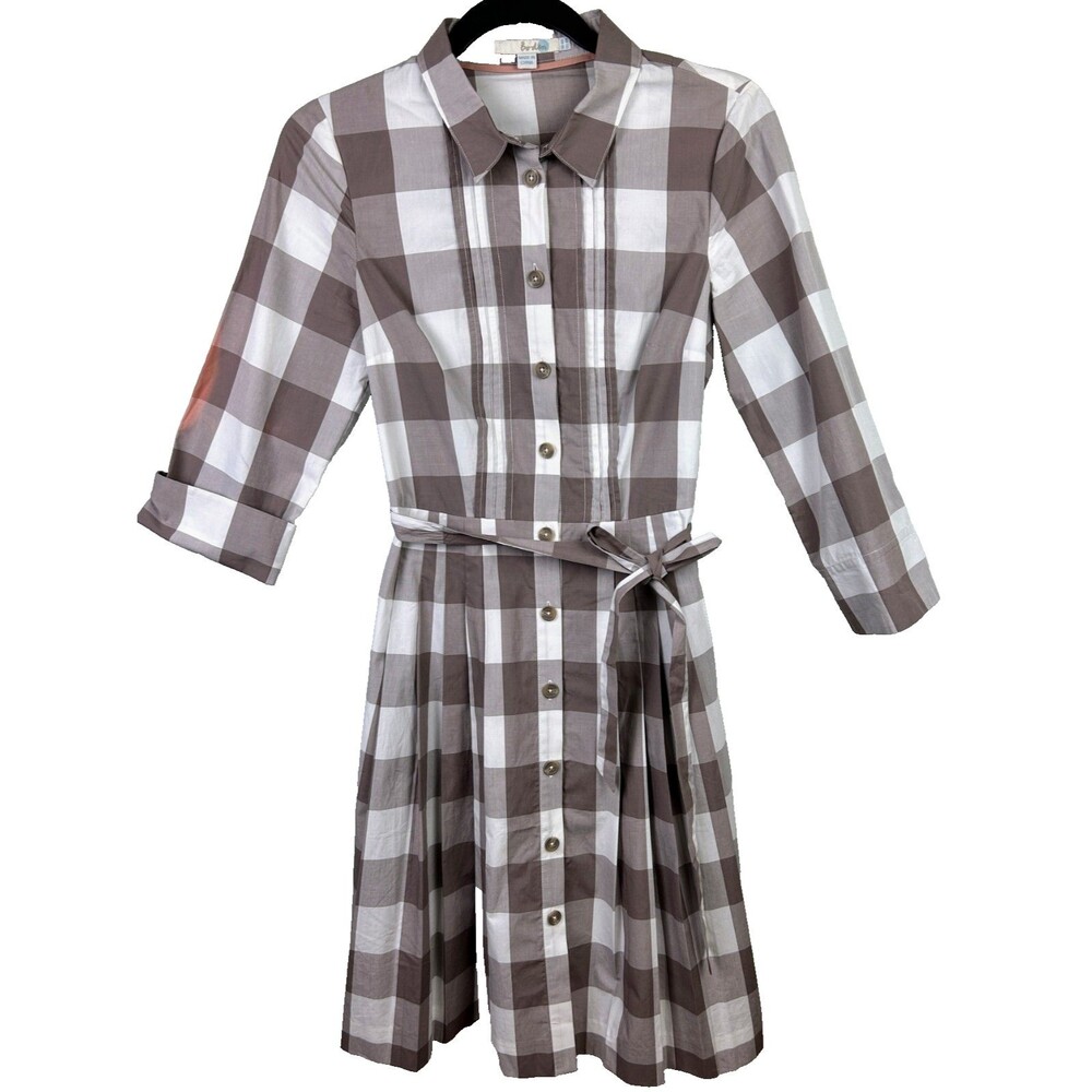 Boden Plaid Brown & White Checked Shirt Dress Button Down Long Sleeve Belted 4